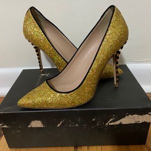 J Crew Roxie pumps in black and yellow glitter